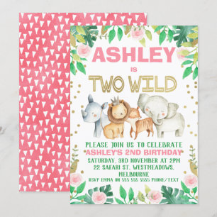 Girls safari two wild 2nd birthday invitation