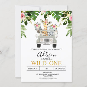 Girls Safari Wild One Birthday Invitation