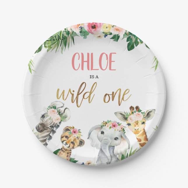 Girls Safari Wild One Birthday Party Paper Plate (Front)