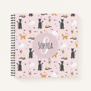 Girls School Cute Pink Cat Pattern Monogram Notebook