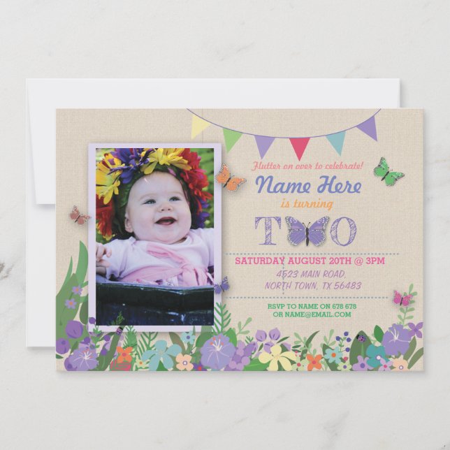 Girl's Second 2nd 2 Two Butterfly Birthday Invite (Front)