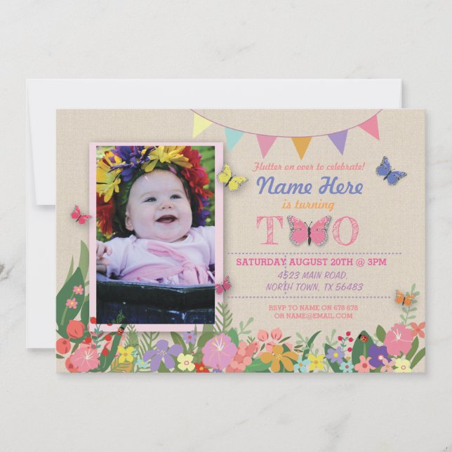 Girl's Second 2nd 2 Two Butterfly Birthday Invite (Front)