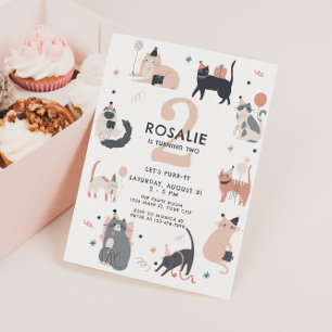 Girls Second Birthday Pink Cat Invitation
