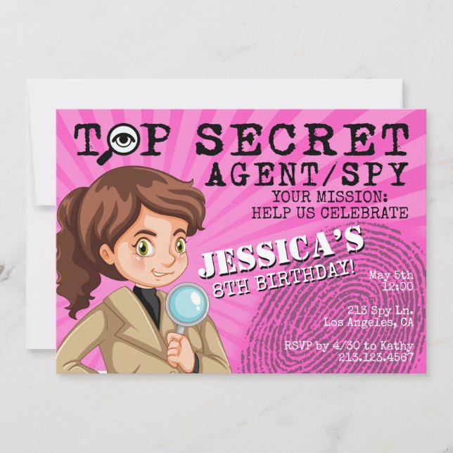Girl's Secret Agent Spy Birthday Party Invitation (Front)
