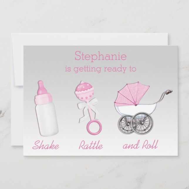 Girls Shake Rattle Roll Silver Pink Baby Shower Invitation (Front)