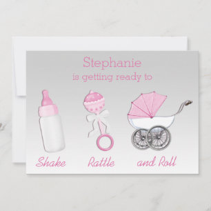Girls Shake Rattle Roll Silver Pink Baby Shower Invitation