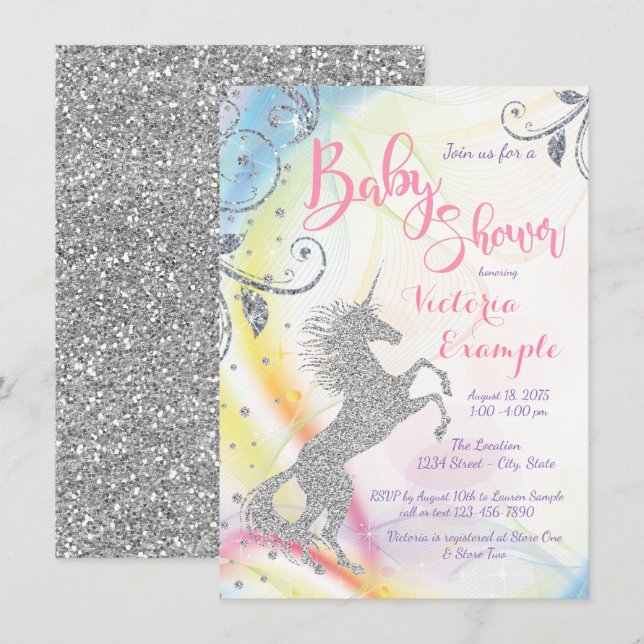 Girls Silver Unicorn Baby Shower Invitations (Front/Back)