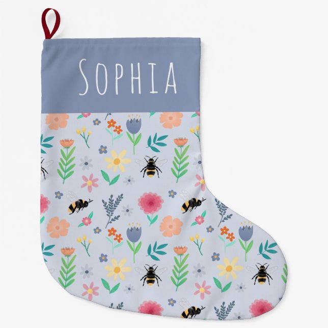 Girls Simple and Stylish Bee and Flower Large Christmas Stocking (Front)