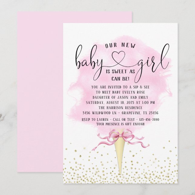 Girls Sip See Pink Gold Cotton Candy Baby Shower Invitation (Front/Back)