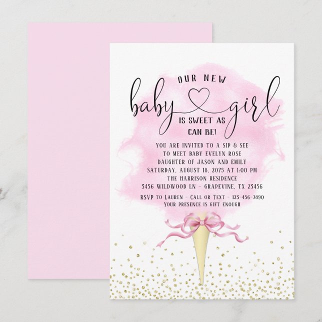 Girls Sip See Pink Gold Cotton Candy Baby Shower Invitation (Front/Back)