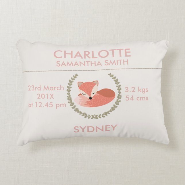 Girls Sleeping Fox Birth Announcement Cushion (Front)