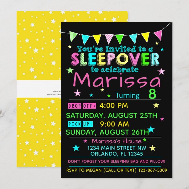 Girls Sleepover Birthday Invitation Slumber Party (Front/Back)