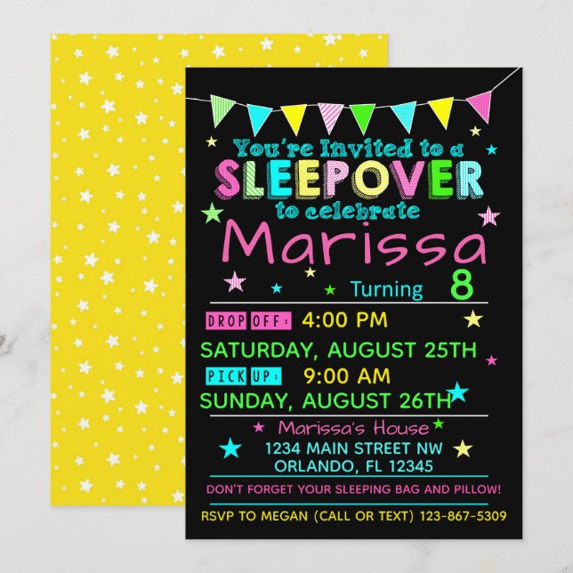 Girls Sleepover Birthday Invitation Slumber Party (Front/Back)