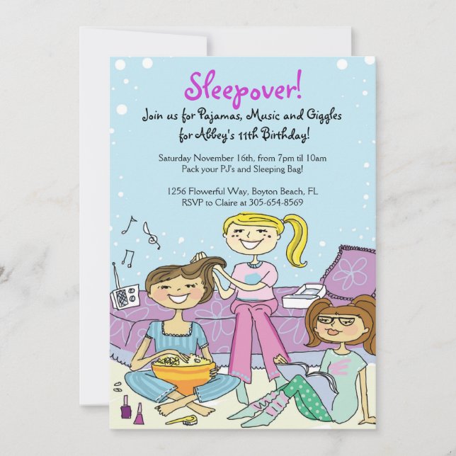 Girls Sleepover Themed Birthday Party Invitations (Front)
