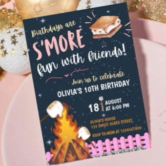 Girls S'more Bonfire Smore Fun Friends Camping Invitation