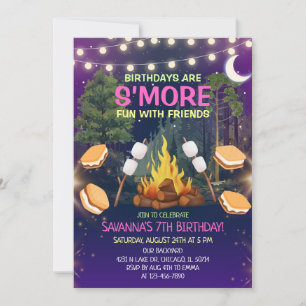 Girls S'more Fun Campfire Smores Birthday Party Invitation