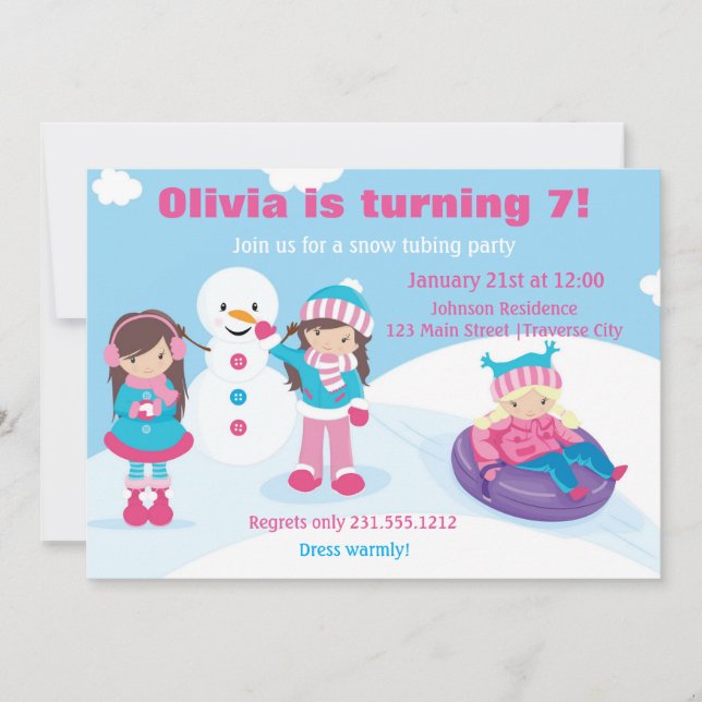 Girls Snow Tubing Invitation (Front)