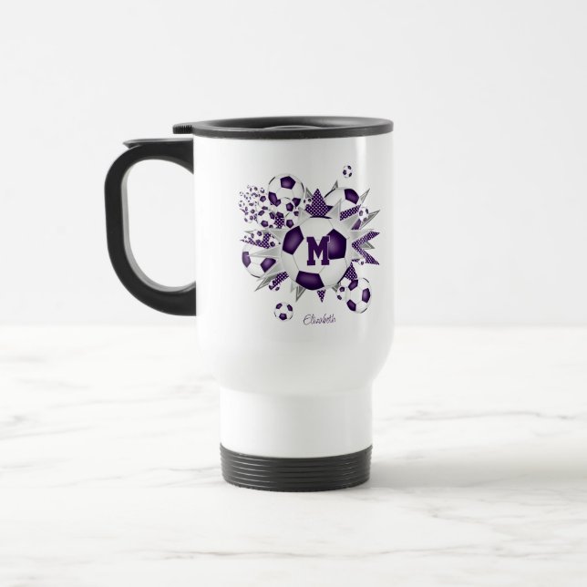 girls soccer ball blowout purple travel mug (Left)