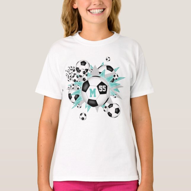 girls soccer ball blowout w lt teal grey stars T-Shirt (Front)