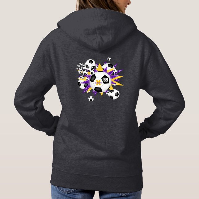 girls soccer ball blowout w purple gold stars hoodie (Back)