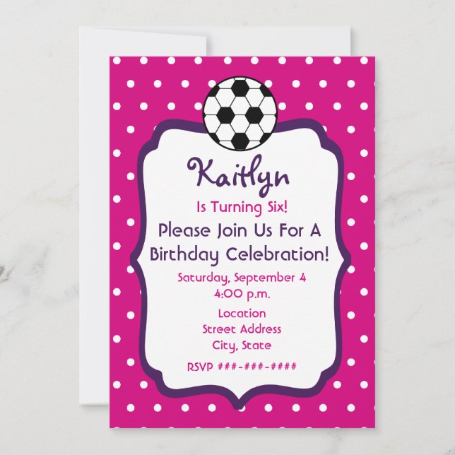 Girls Soccer Birthday Invite- Pink With Purple Invitation (Front)