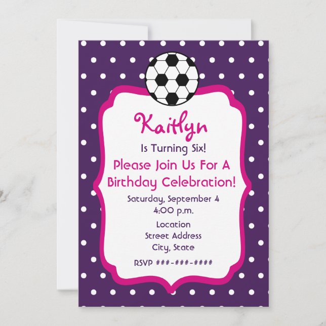 Girls Soccer Birthday Invite- Purple With Pink Invitation (Front)