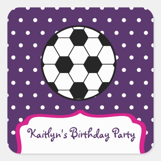 Girl's Soccer Birthday Party - Purple W Pink Square Sticker (Front)
