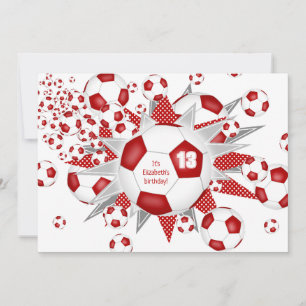 Girls Soccer birthday red soccer balls stars Announcement