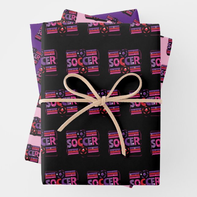 Girls Soccer Geometric Retro Typography Wrapping Paper Sheet (In situ)