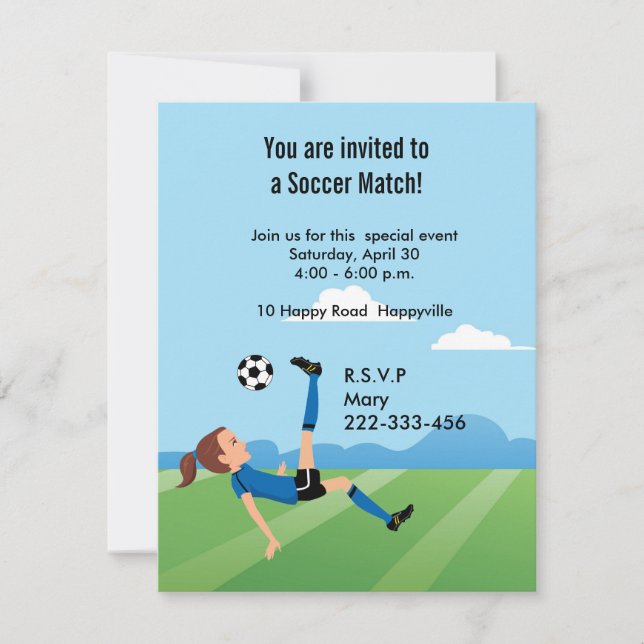 Girl's Soccer Invitation with Illustration (Front)
