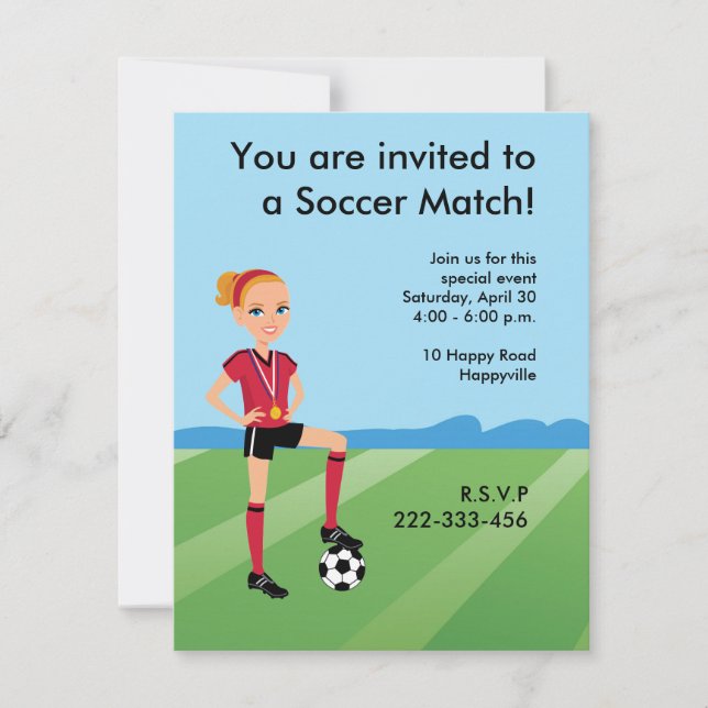 Girl's Soccer Invitation with Illustration (Front)