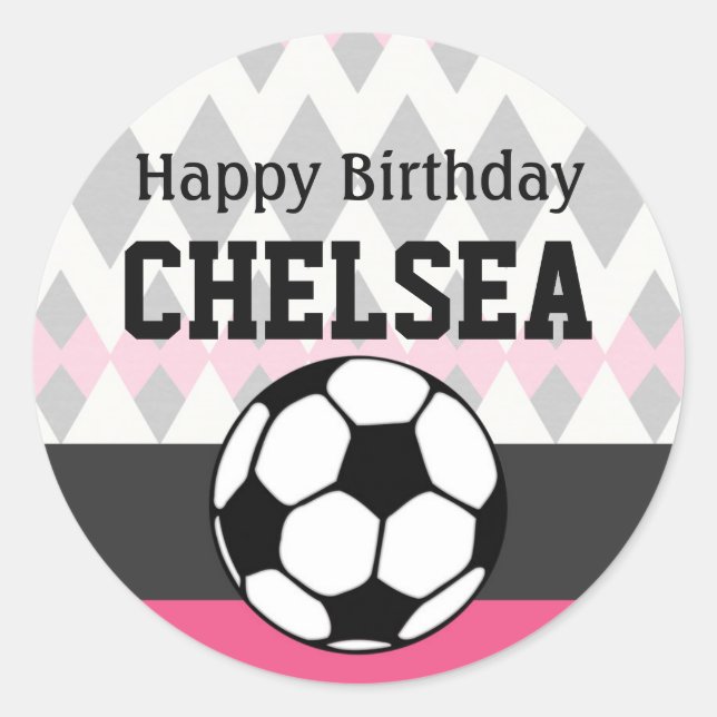Girl's Soccer Party Custom Birthday Classic Round Sticker (Front)