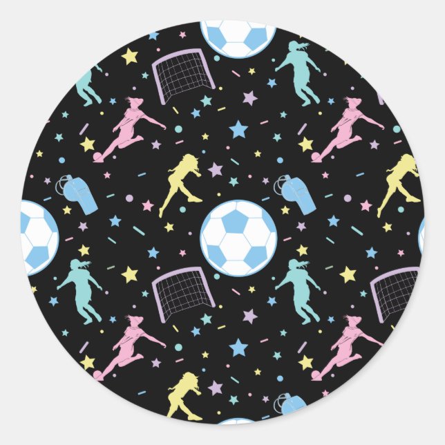 Girls Soccer Silhouettes Stars and Sparkles Classic Round Sticker (Front)