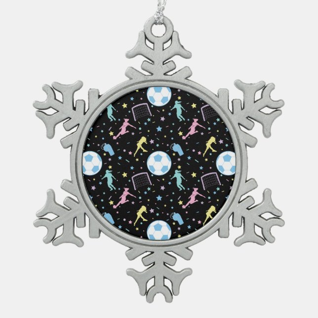Girls Soccer Silhouettes Stars and Sparkles Snowflake Pewter Christmas Ornament (Front)