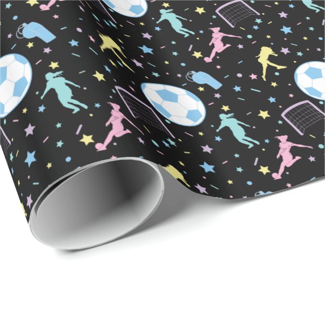 Girls Soccer Silhouettes Stars and Sparkles Wrapping Paper (Roll Corner)