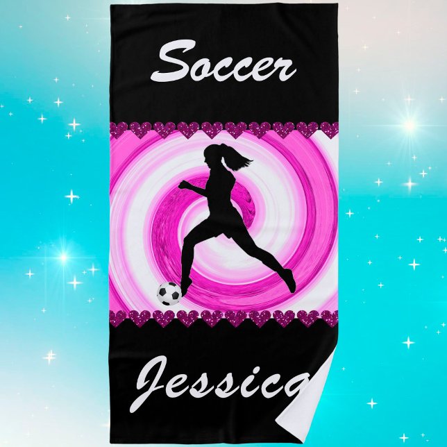 Girls Soccer Swirls and Glitter Hearts   Beach Towel (Creator Uploaded)