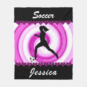 Girls Soccer Swirls and Glitter Hearts Fleece Blanket
