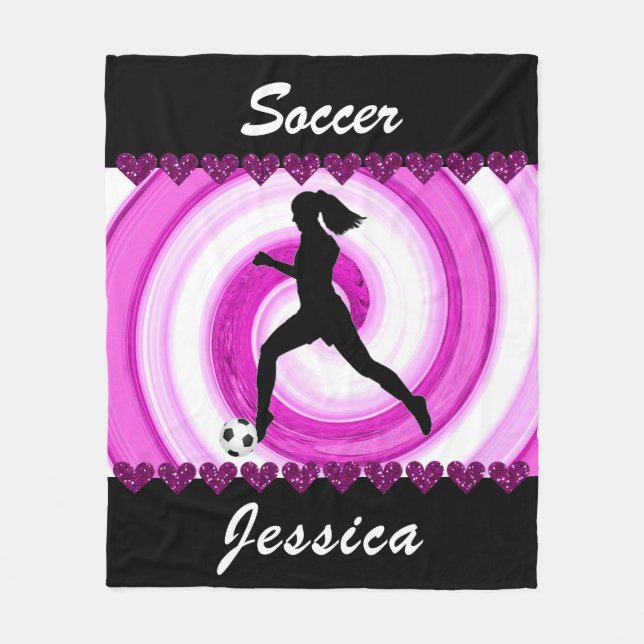Girls Soccer Swirls and Glitter Hearts Fleece Blanket (Front)