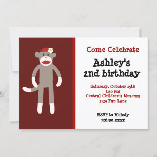 Girls Sock Monkey Birthday Party Invitations