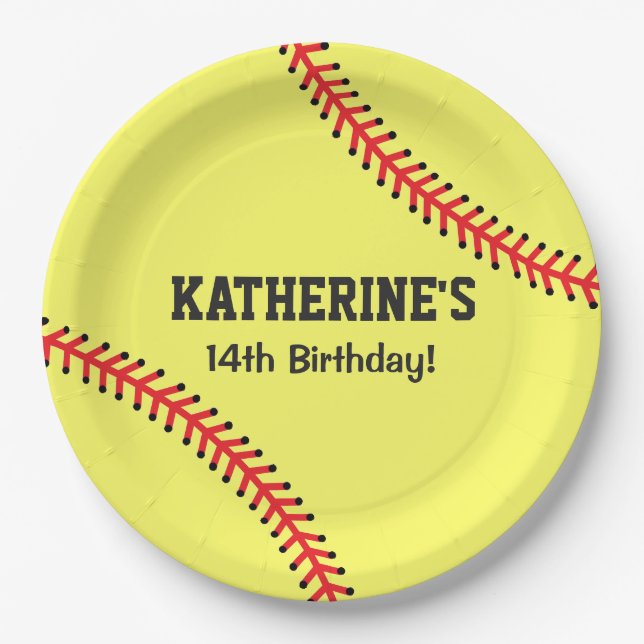 Girls Softball Birthday Party Theme Paper Plate (Front)