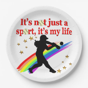 GIRLS SOFTBALL RED RAINBOW INSPIRATIONAL DESIGN PAPER PLATE