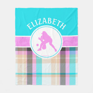 Girl's Softball Summer Tartan With Monogram Fleece Blanket