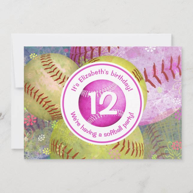 girl's softball themed party invitation (Back)