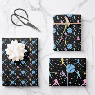 Girls Softball - Women Players with Stars Wrapping Paper Sheet
