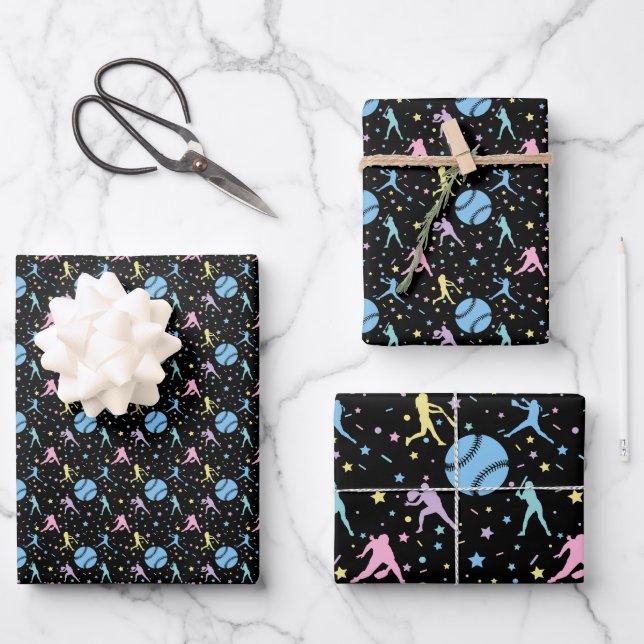 Girls Softball - Women Players with Stars Wrapping Paper Sheet (Front)