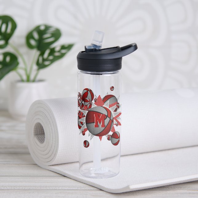 girl's sports accessory red grey basketballs stars water bottle (Yoga)