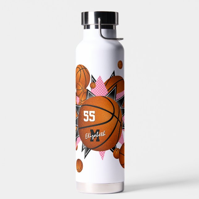 girl's sports basketballs pink black stars water bottle (Left)