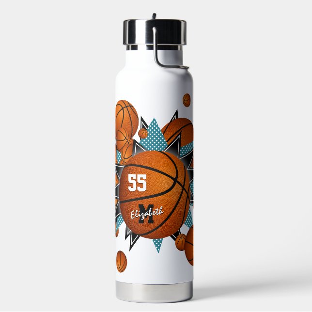 girl's sports basketballs w teal black stars water bottle (Left)