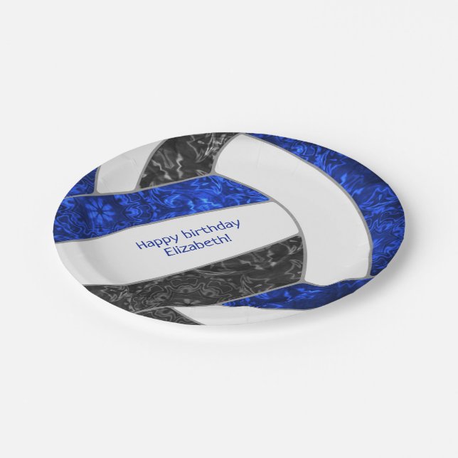 girl's sports birthday party blue black volleyball paper plate (Angled)