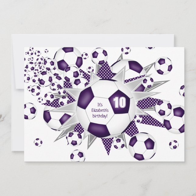 Girls sports birthday purple soccer balls stars  announcement (Front)